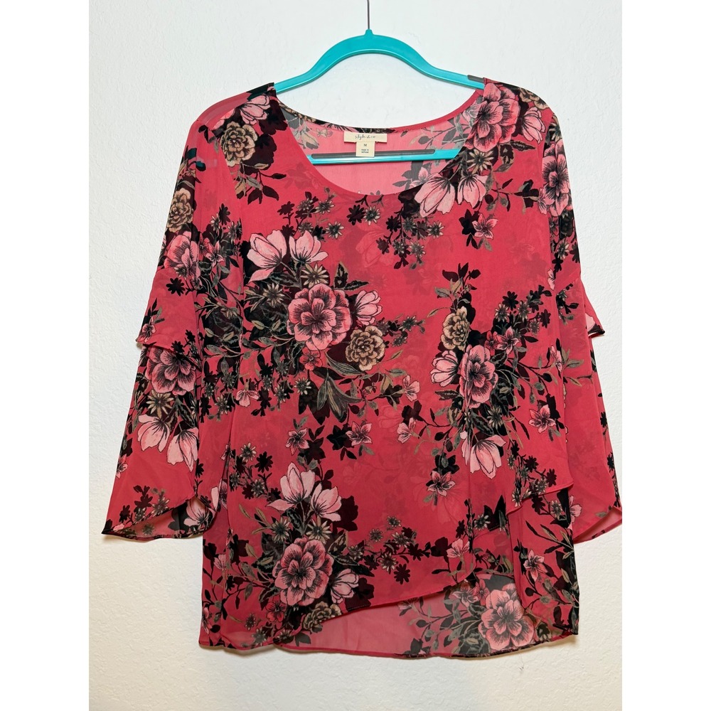 Style & Co Pink Floral Ruffle Bell Sleeve Blouse Top Medium SP17 88982